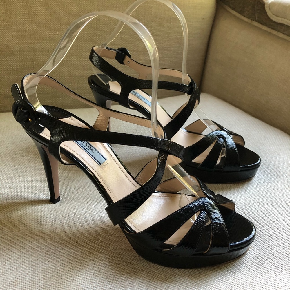Prada Platform Sandals Black Crisscross Strappy 9